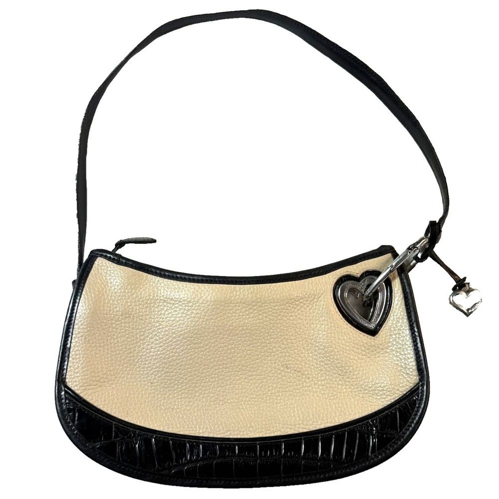 VTG Brighton Heart Baguette Y2K Purse Cream Black Croc Trim Shoulder Bag Retro
